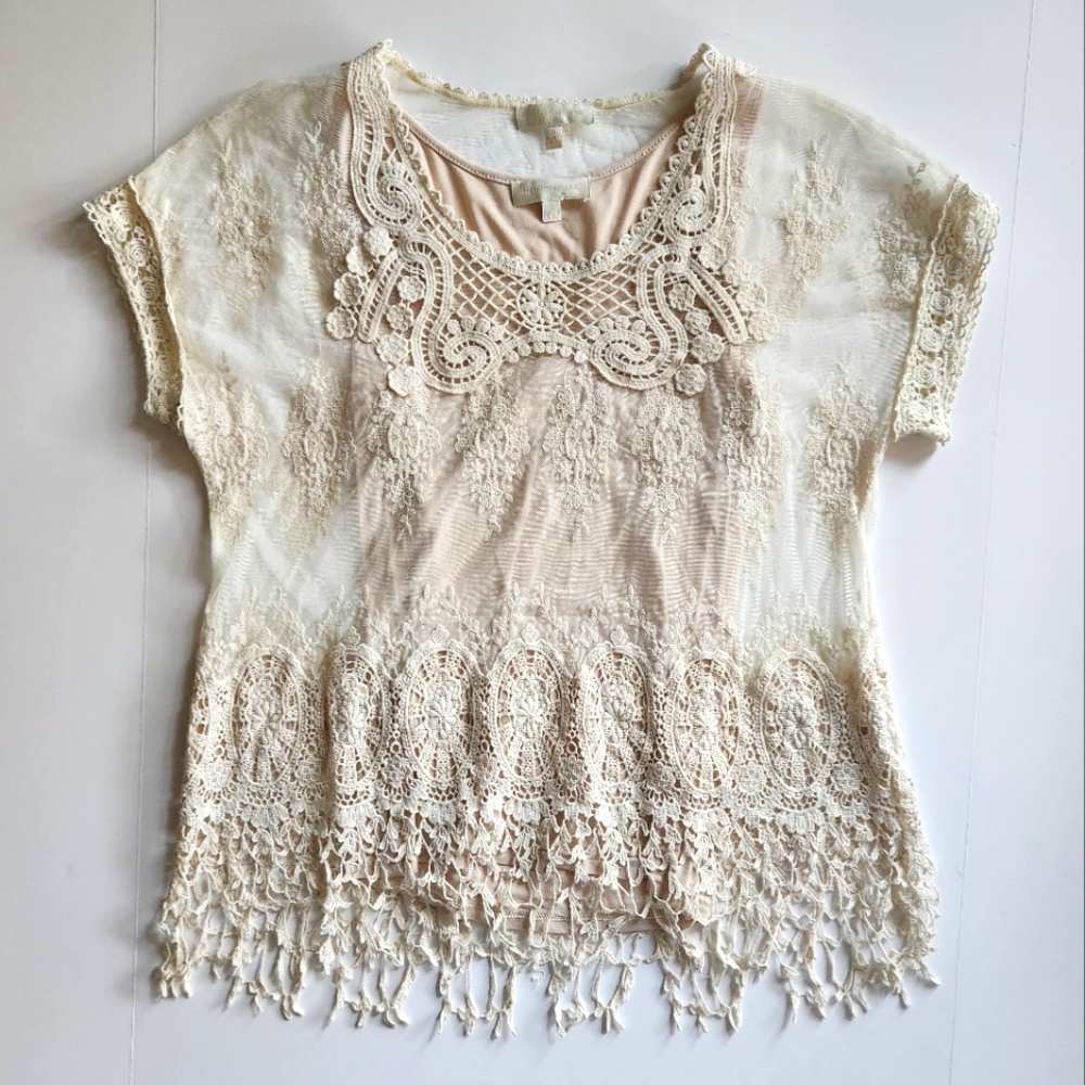 70s Boho Lace Sheer Cream MM Couture by Miss Me Dolman Shirt Size S